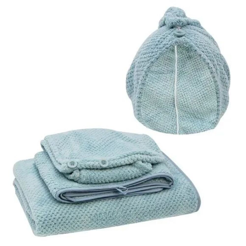 Smart Home Plush Blue Bath Towel, Hand Towel and Hair Turban Set, 3 Pieces
